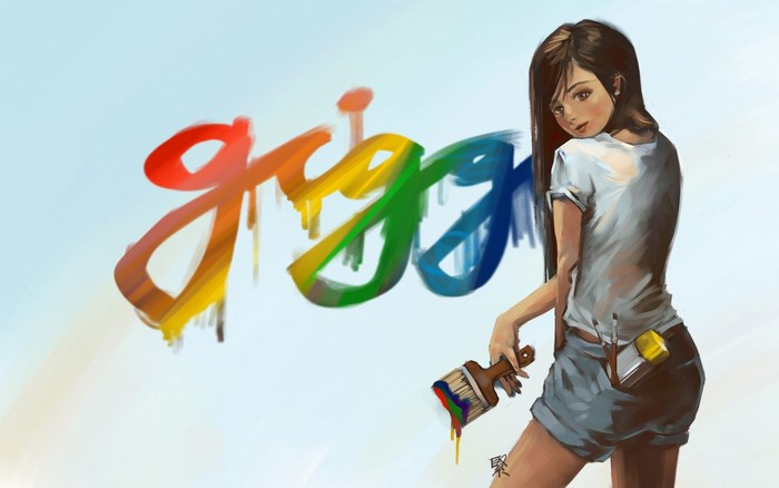 Anime girl painting rainbow graffiti with brushes