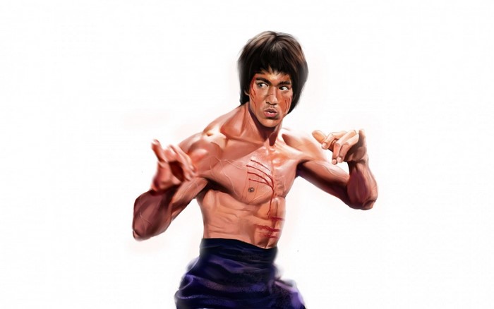Bruce Lee in fighting stance with cuts