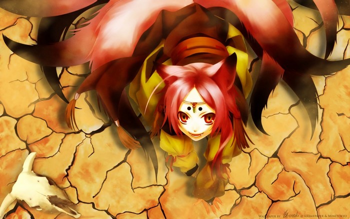 Anime fox girl with multiple tails on cracked ground