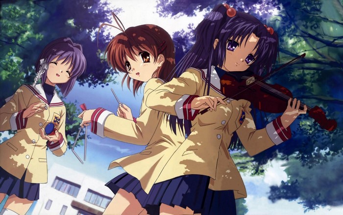 Anime girls playing music in a schoolyard
