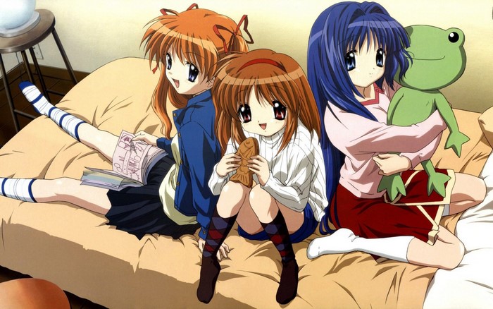 Three anime girls with a frog plushie
