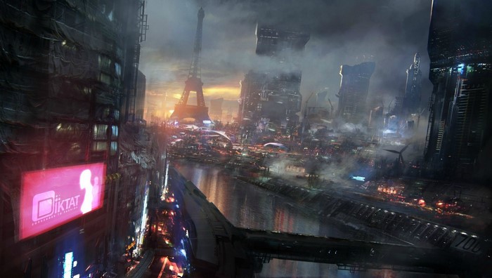 Cyberpunk Paris cityscape with Eiffel Tower at night