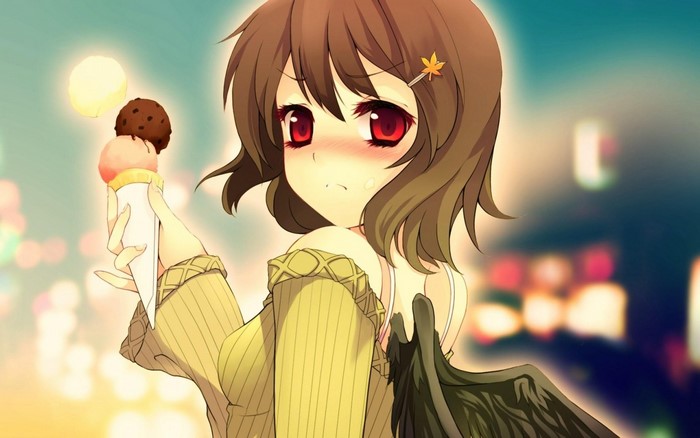Anime girl with brown hair and red eyes holding ice cream
