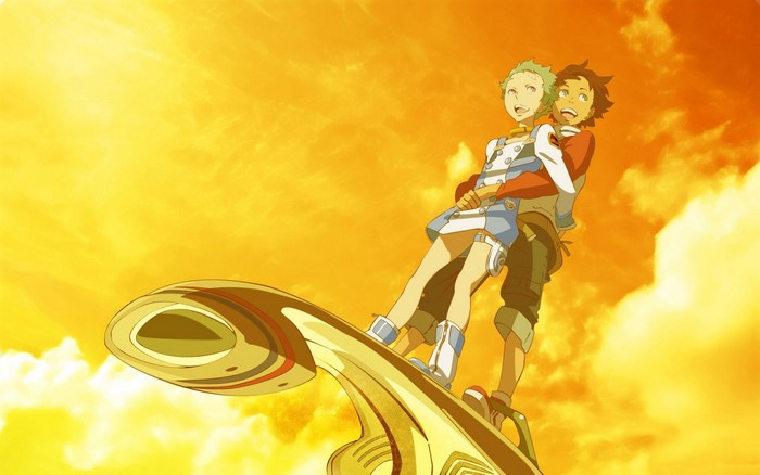 Renton and Eureka from Eureka Seven riding a hovercraft