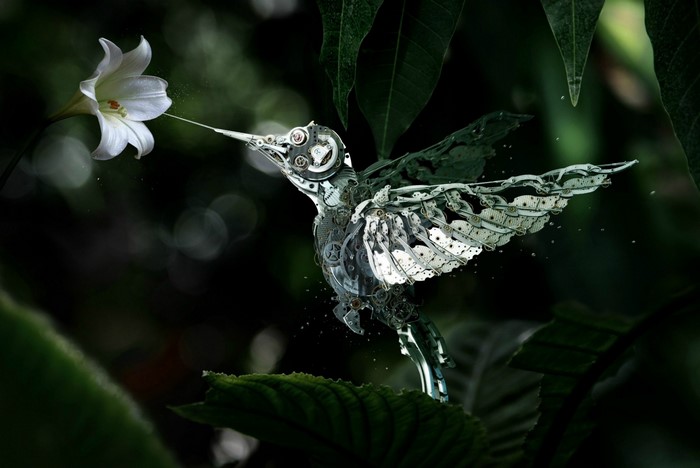 Mechanical hummingbird feeding from a white lily