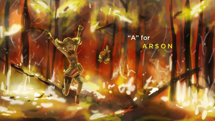 May and Torchic from Pokémon in a forest fire
