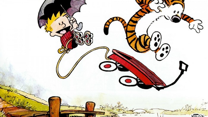 Calvin and Hobbes flying with a wagon