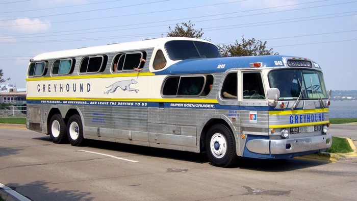 Classic Greyhound Super Scenicruiser Bus on Road