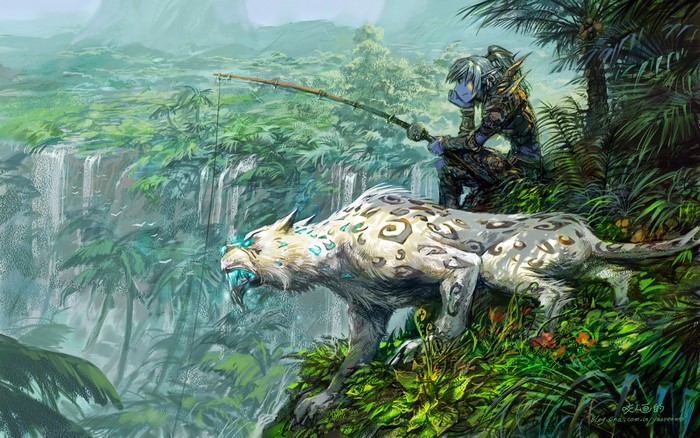 Elf fishing with a white tiger in a jungle