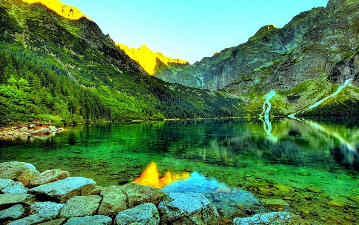 Mountain lake with green forest and rocky shore