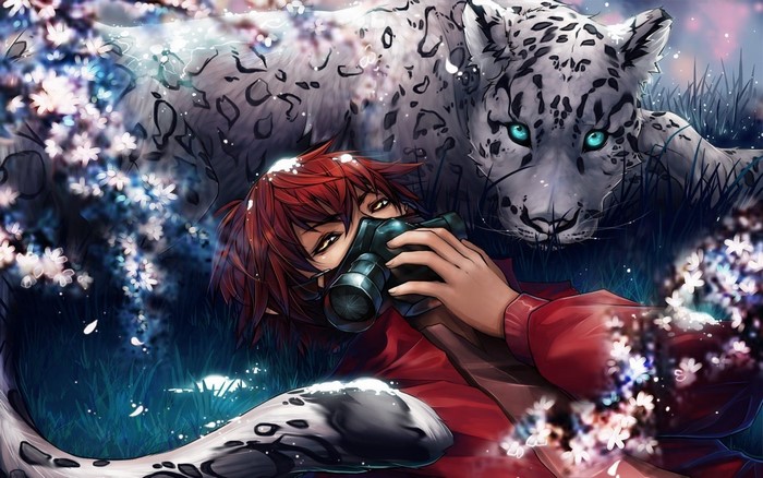 Anime illustration of a person with a gas mask and a snow leopard