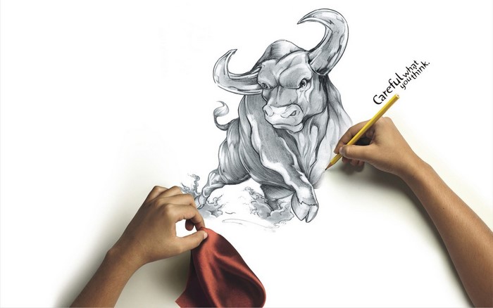 Drawing of a bull with hands and pencil