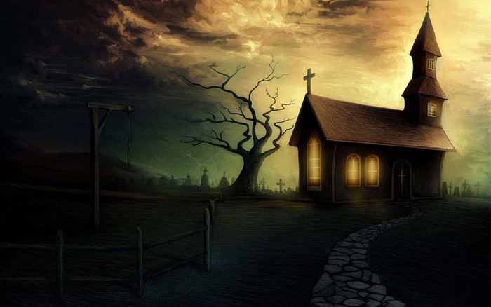 Creepy church and gallows at dusk