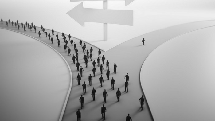 Monochrome Path with Diverging Crowd and Arrows