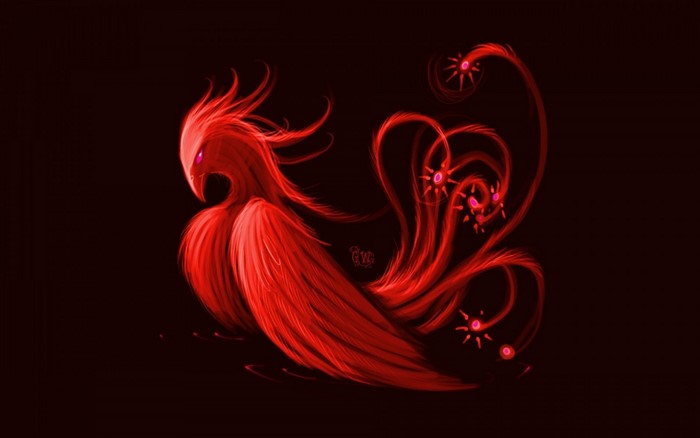 Red phoenix with glowing eyes and fiery tail
