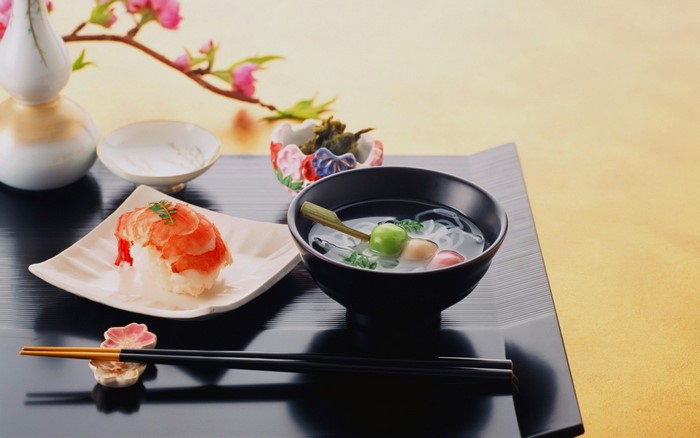 Elegant Asian Meal with Sushi and Soup