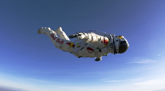 Felix Baumgartner in Red Bull Stratos spacesuit skydiving