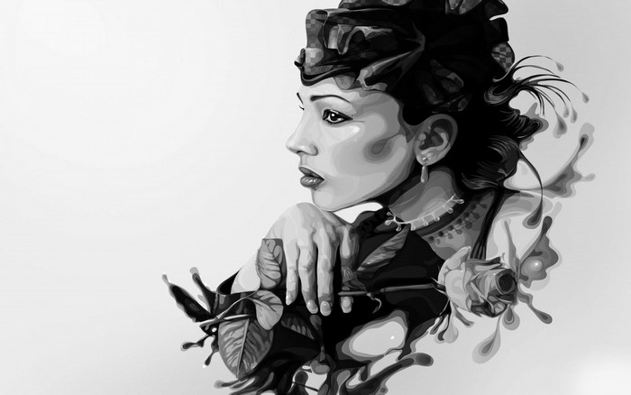 Monochrome illustration of a woman with a rose