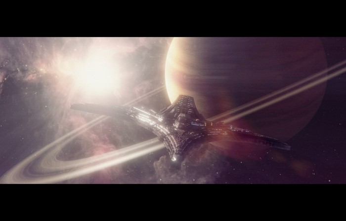 Destiny spaceship near a ringed planet and nebula