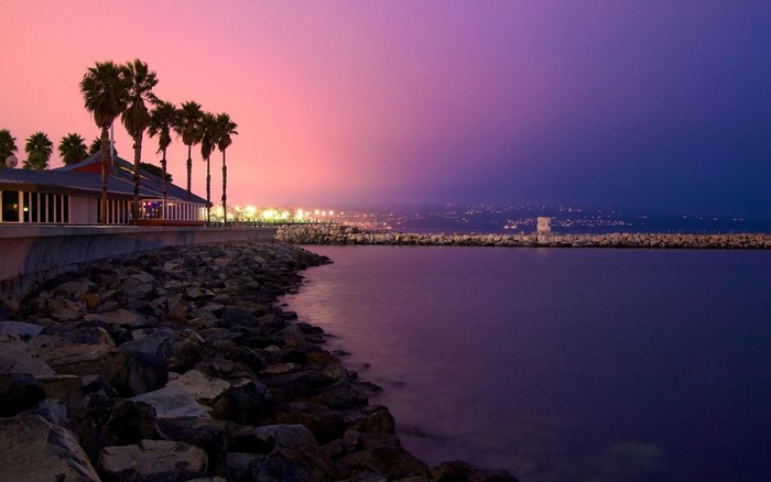 Coastal restaurant with palm trees at dusk