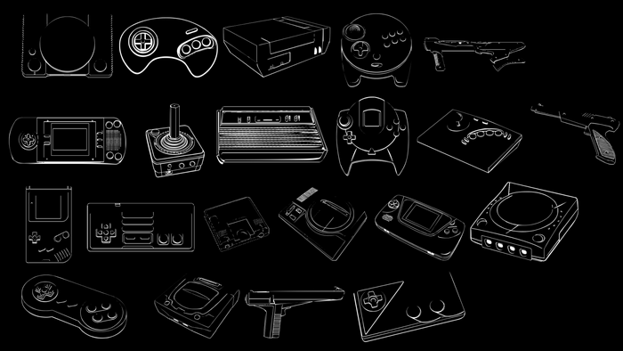 Collection of vintage video game consoles and controllers