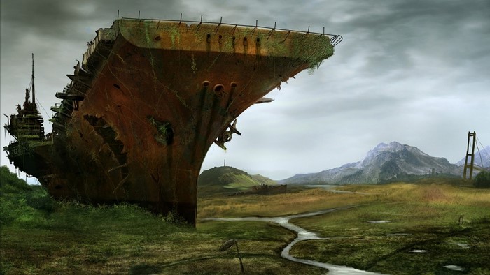 Ruined aircraft carrier stranded on land with mountains and bridge