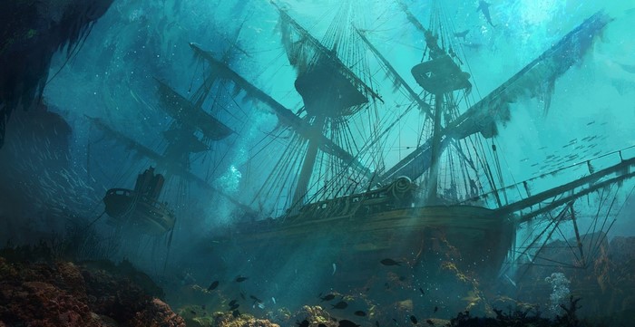Underwater shipwreck with masts and rigging