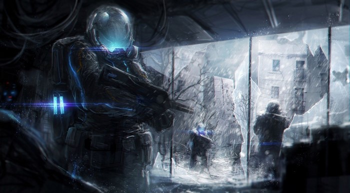 Soldier in futuristic armor with a rifle in a ruined city