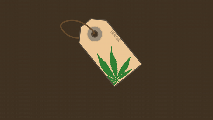Tag with cannabis leaf and hashtag symbol