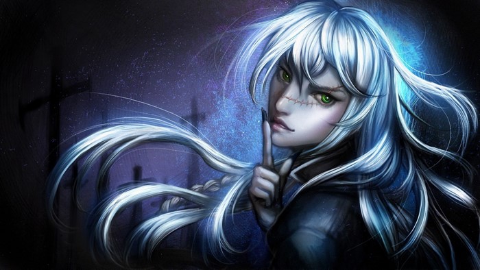 Anime character with white hair and green eyes