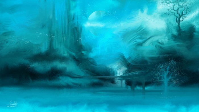 Abstract blue landscape with moon and trees