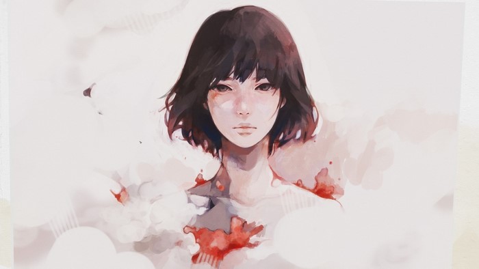 Anime girl with black hair and red blood splatters
