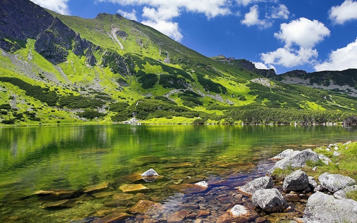 Mountain lake with green slopes and blue sky