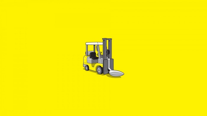 Forklift with a spoon attachment on a yellow background