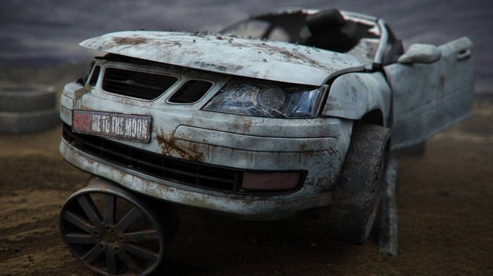Damaged Saab 9-3 with "ME TO THE MOON" license plate