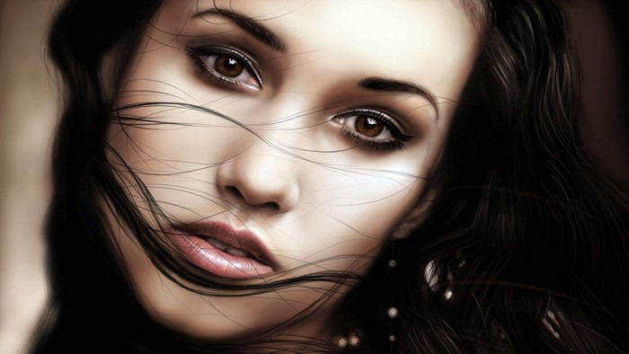 Digital art portrait of a woman with brown eyes and dark hair
