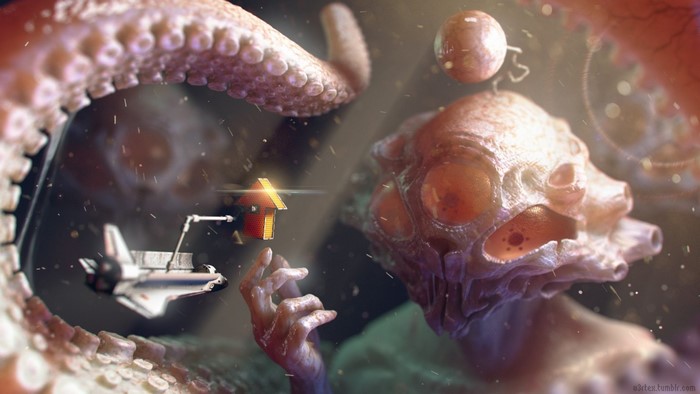 Alien tentacle reaching for a spaceship and a house