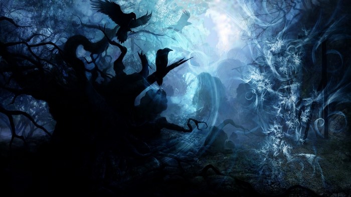 Dark fantasy forest with birds and light effects