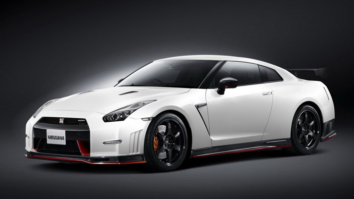 White Nissan GT-R sports car with black rims