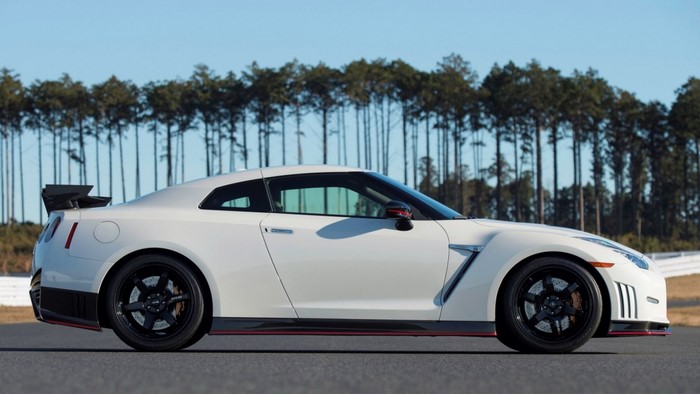 White Nissan GT-R Nismo parked on a track