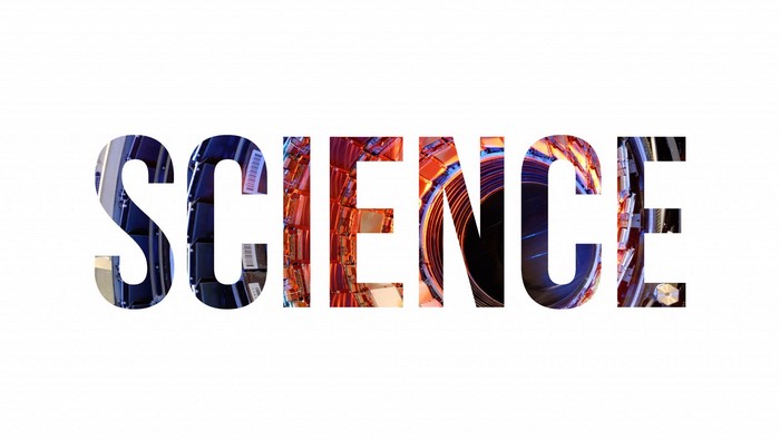 The word SCIENCE filled with images of technology and the Large Hadron Collider