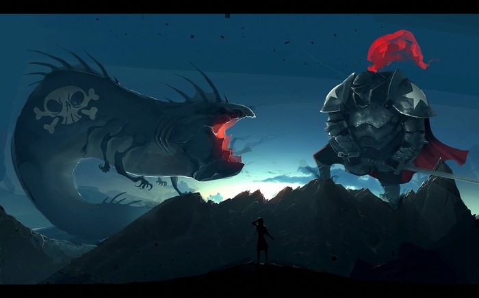 Knight fights a dragon with a skull symbol