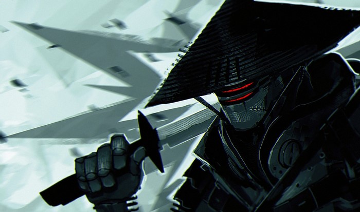Robot ninja with sword and red eyes
