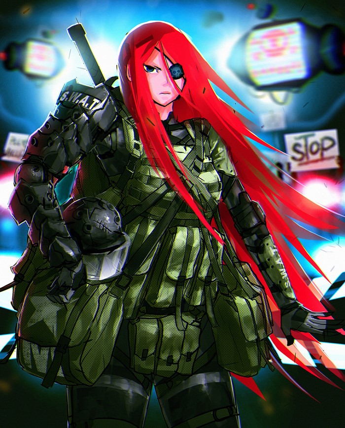 Anime soldier with red hair and eyepatch