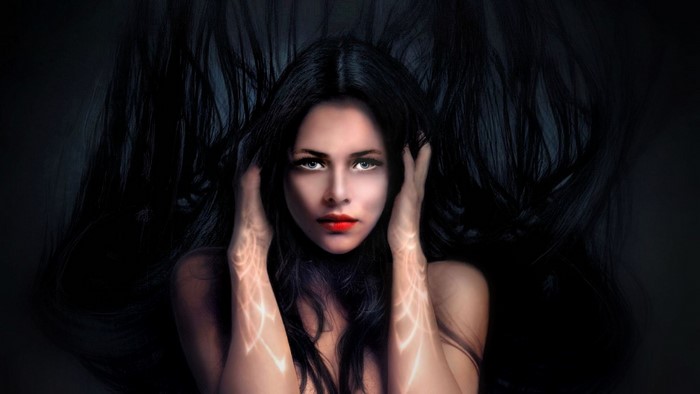 Fantasy art portrait of a woman with long black hair