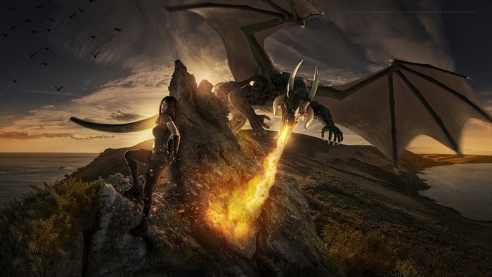 Dragon breathing fire on a woman on a cliff