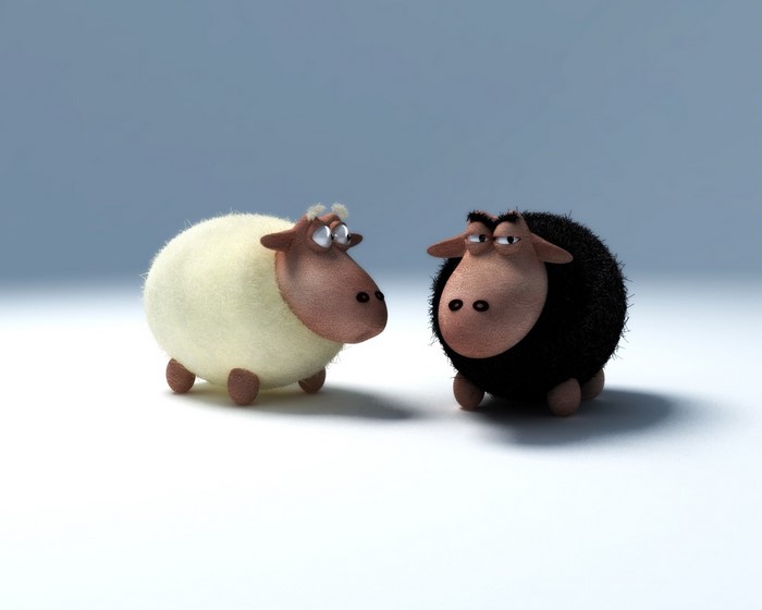 Two cartoon sheep, one white and one black