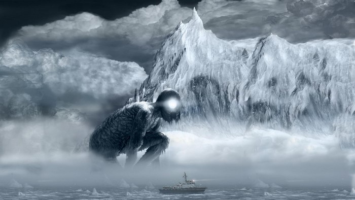 Giant creature in icy mountains with a ship