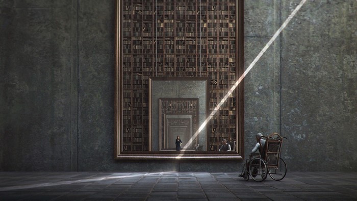 Man in wheelchair in front of a mirror with infinite reflections