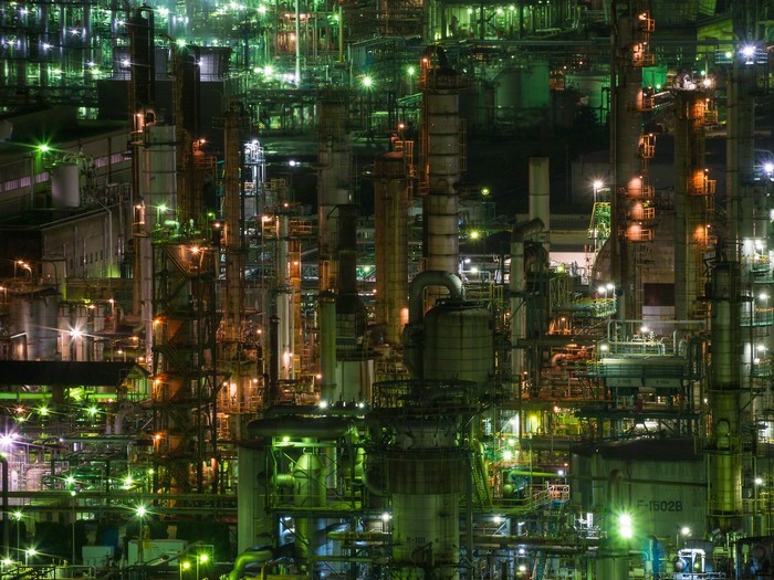 Illuminated Industrial Cityscape at Night